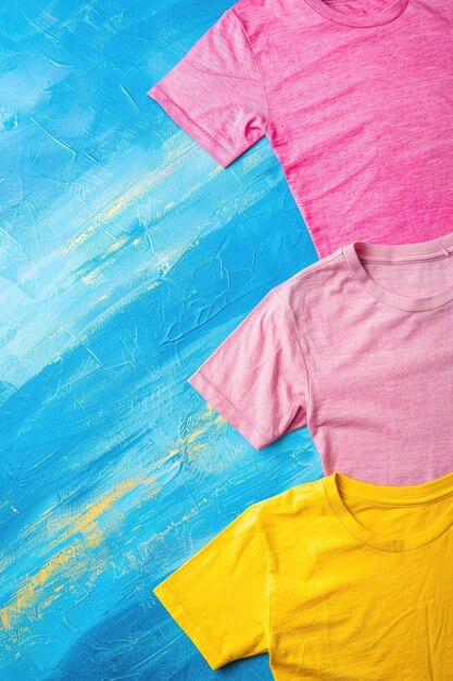 Foto três camisas de cores diferentes são exibidas em um fundo azul