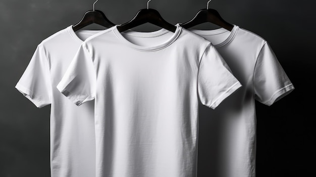 Tres camisetas blancas colgadas en una percha, una de las cuales está etiquetada como 't'