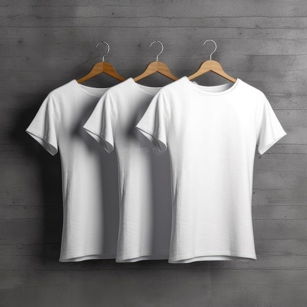 Três camisetas brancas penduradas em um cabide de madeira.