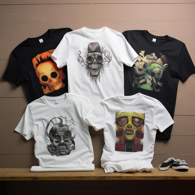 Foto tres camisetas con una calavera y una cabeza de calavera ai generativa
