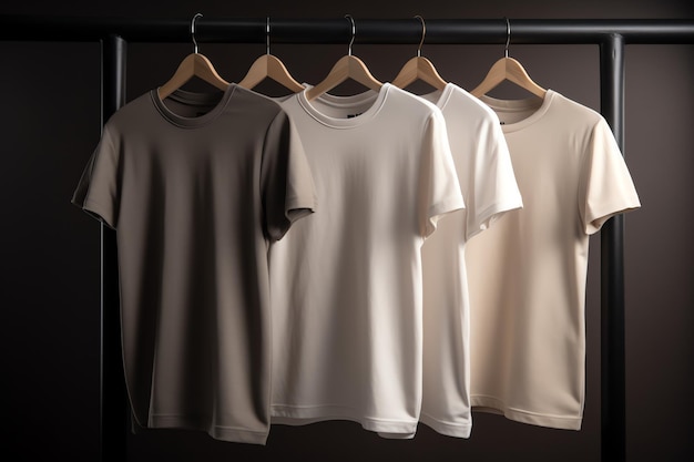 Foto tres camisetas colgadas en un perchero, una blanca y la otra blanca.