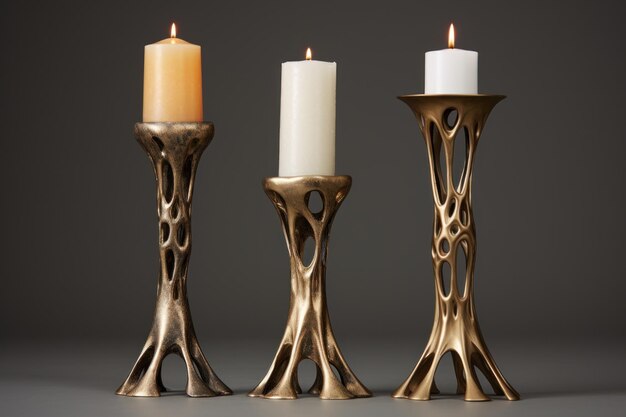 Três candelabros de cor dourada com velas em fundo cinza Candelabros