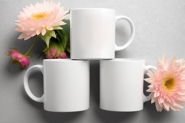 Três canecas de café brancas com flores cor de rosa na lateral.