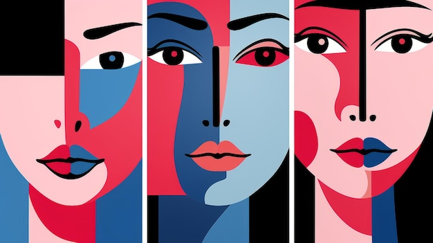 tres caras de mujeres con diferentes colores y formas