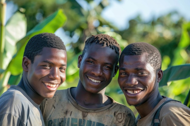Tres caras sonrientes de jóvenes agricultores