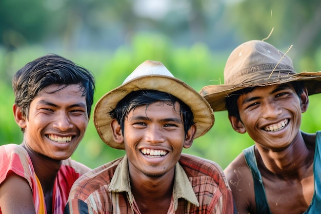 Tres caras sonrientes de jóvenes agricultores