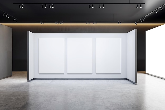 Três cartazes brancos em uma parede de galeria em uma sala de exposições moderna com um chão de concreto mostrando um espaço de apresentação leve e limpo Rendering 3D