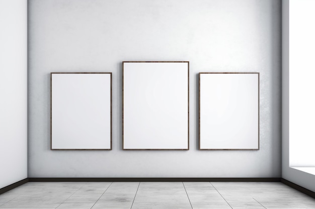 Três cartazes em branco vazios em fundo minimalista