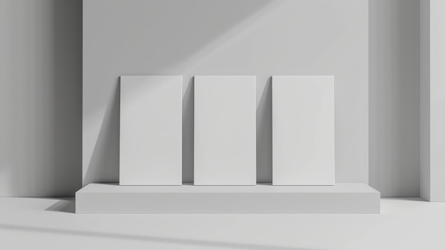Três cartazes verticais brancos em branco em um pódio em frente a uma parede branca Os cartazes esquerdo e direito estão ligeiramente inclinados para o centro