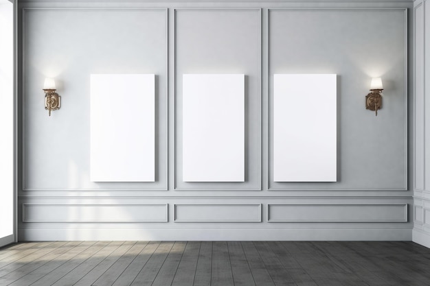 Tres carteles en blanco blanco vacío sobre fondo minimalista