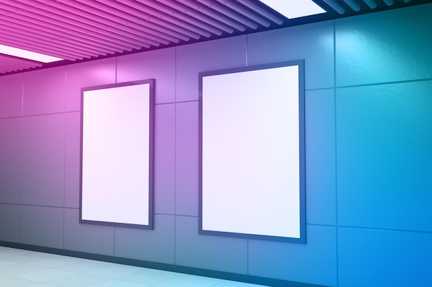 Tres carteles en blanco futuristas en una pared con una luz rosa y azul