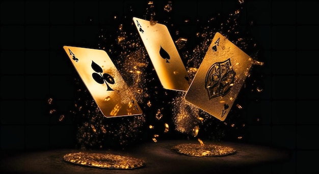 Três cartões de casino dourados são mostrados no ar em torno de um fundo preto