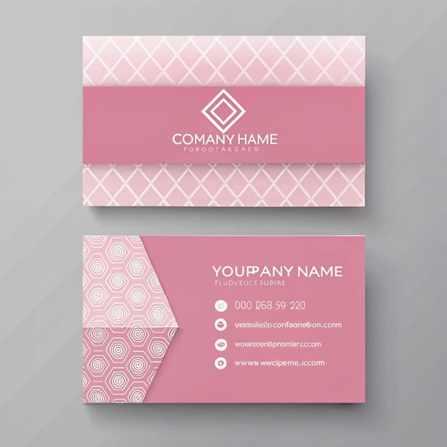 três cartões de visita com letras rosas e brancas e um logotipo rosa e branco