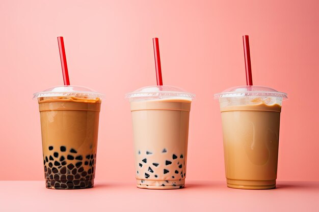 Tres categorías de té Boba contra un fondo rosado