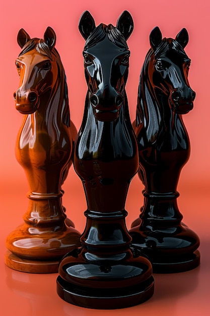 Foto três cavalos pretos com um fundo vermelho e um deles tem um rosto castanho