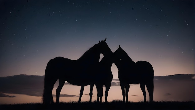 três cavalos são mostrados em silhueta contra um céu noturno com as estrelas ao fundo.