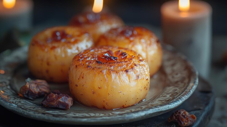 Tres cebollas caramelizadas en un plato con dátiles cerca iluminadas por una vela