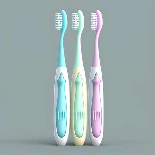 Tres cepillos de dientes de diferentes colores están alineados en una fila generativa ai