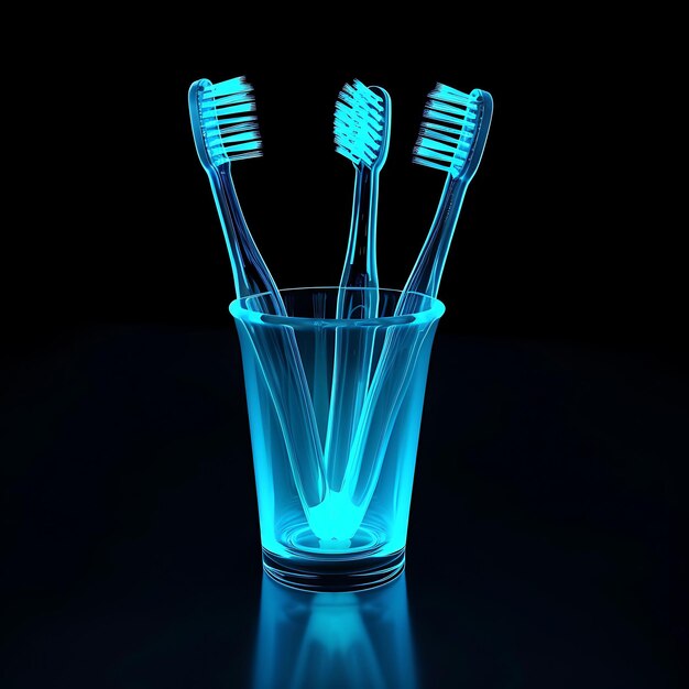 tres cepillos de dientes en un vaso con una luz azul en él
