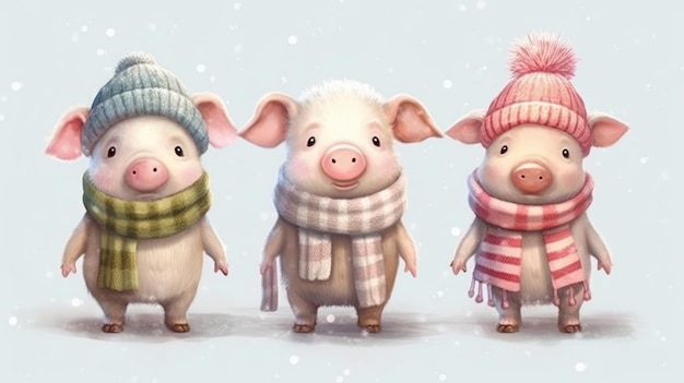 Tres cerdos con sombreros y bufandas, uno con bufanda y el otro con sombrero.