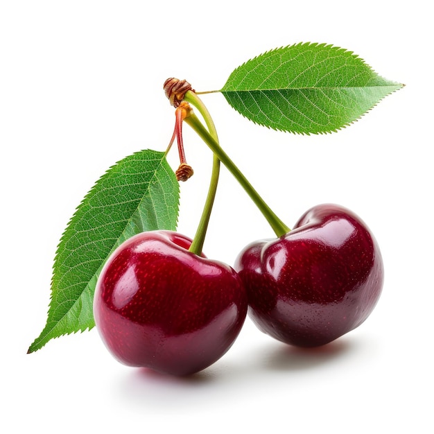 Foto tres cerezas maduras con tallos y hojas aislados sobre un fondo blanco