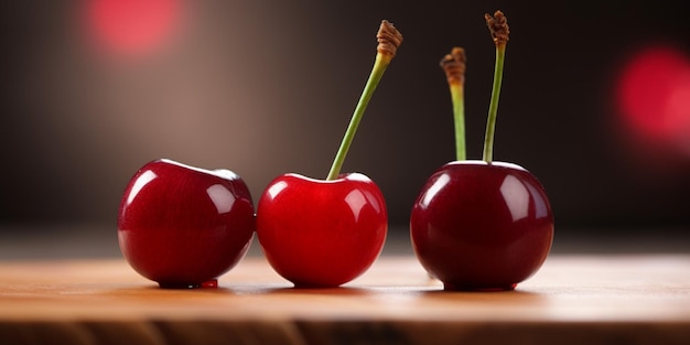 Tres cerezas en una mesa con una luz roja detrás