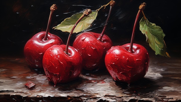 Tres cerezas en la pintura de la mesa