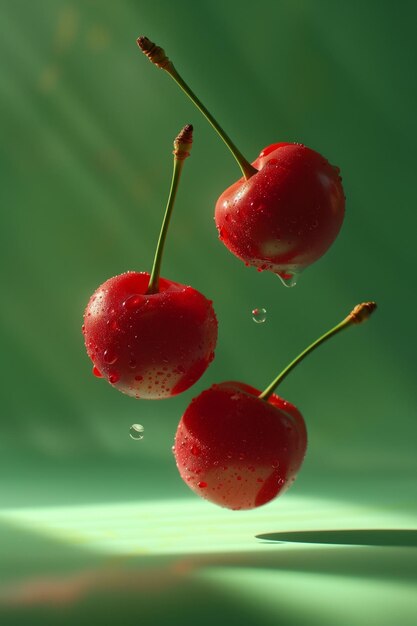 Tres cerezas rojas con gotas de agua reflectantes proyectan sombras suaves en una superficie verde que transmite