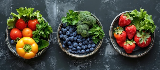 Três cestas cheias de frutas e legumes frescos