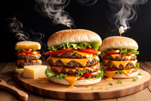 Três cheeseburgers em uma tábua com fumaça saindo deles.