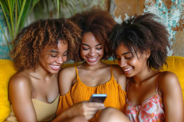 Foto tres chicas afro compartiendo un momento delicioso en un sofá amarillo mirando un teléfono inteligente juntas