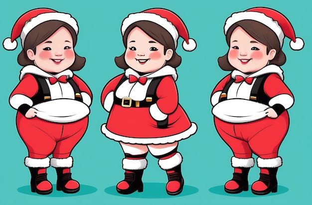 Foto tres chicas bonitas y divertidas en la ilustración del traje de papá noel sobre un fondo verde