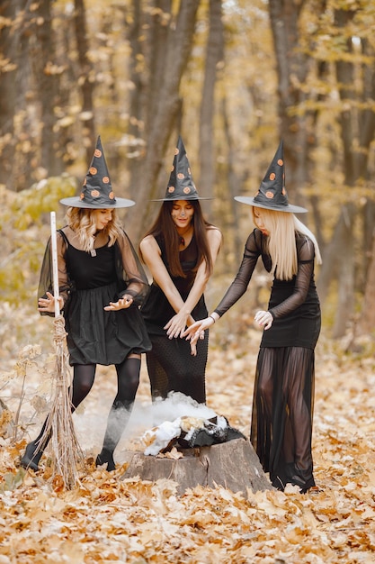 Tres chicas brujas en el bosque en Halloween. Chicas con vestidos negros y sombreros de cono. Las brujas hacen una poción mágica.