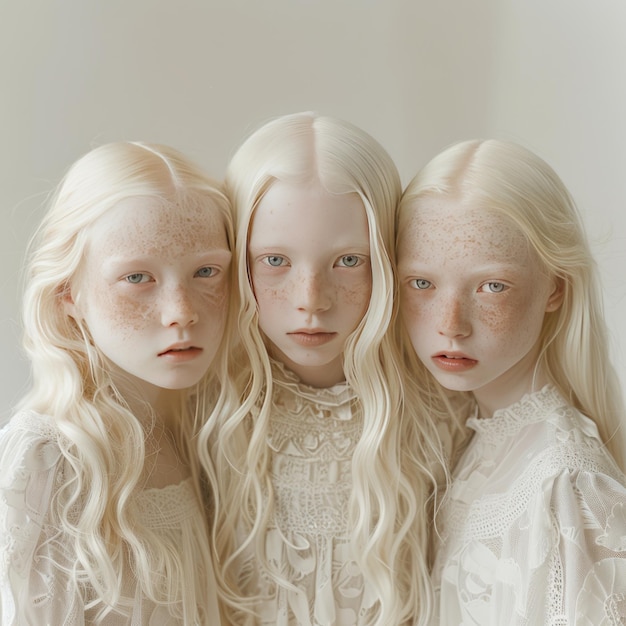 Foto tres chicas con cabello rubio largo y una tiene un vestido blanco con la palabra im en él