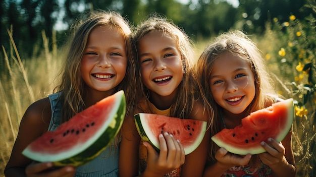 Tres chicas comiendo sandía en un campo.