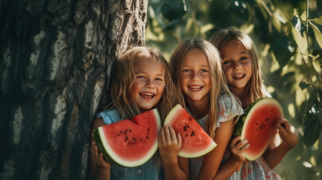 Tres chicas comiendo sandía en un parque.