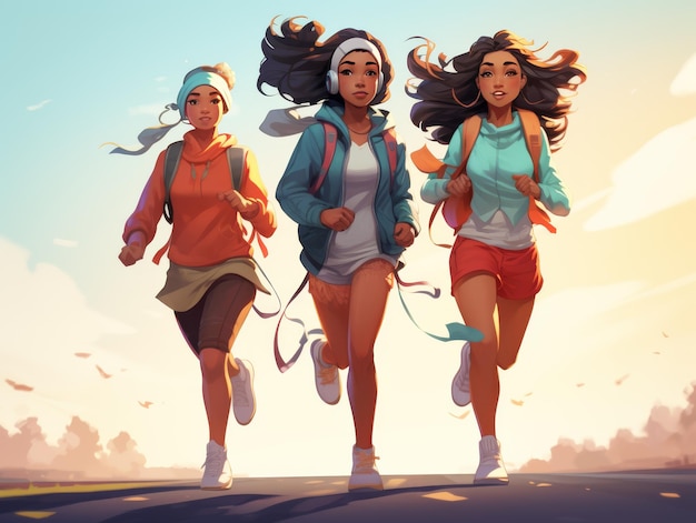 Tres chicas corriendo por un camino