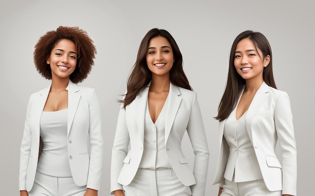 Tres chicas de diferentes nacionalidades con trajes de abeto en un fondo gris generado por la IA