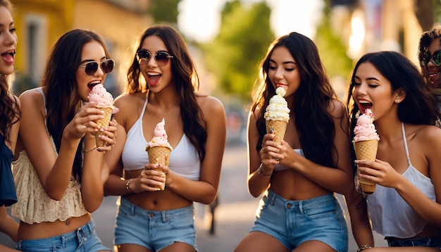 tres chicas están comiendo helado afuera y una tiene una gran sonrisa en la cara