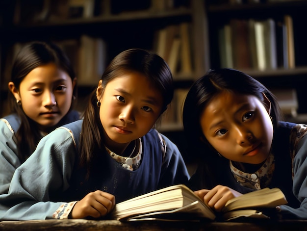 Tres chicas están leyendo un libro y una está leyendo un libro.