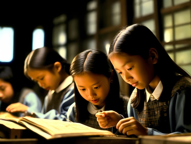 Tres chicas están leyendo un libro y una está leyendo un libro.