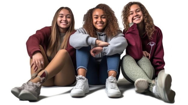 Tres chicas están sentadas en el suelo y sonriendo.