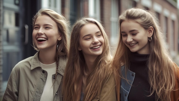 Tres chicas están sonriendo y riendo en una calle.