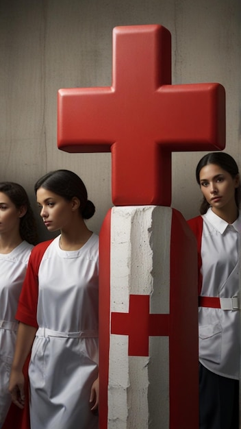 tres chicas de pie frente a una gran letra roja t