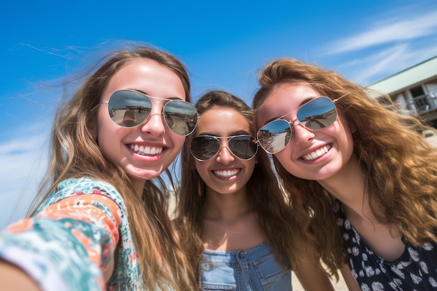 Tres chicas posan para una foto en la playa.