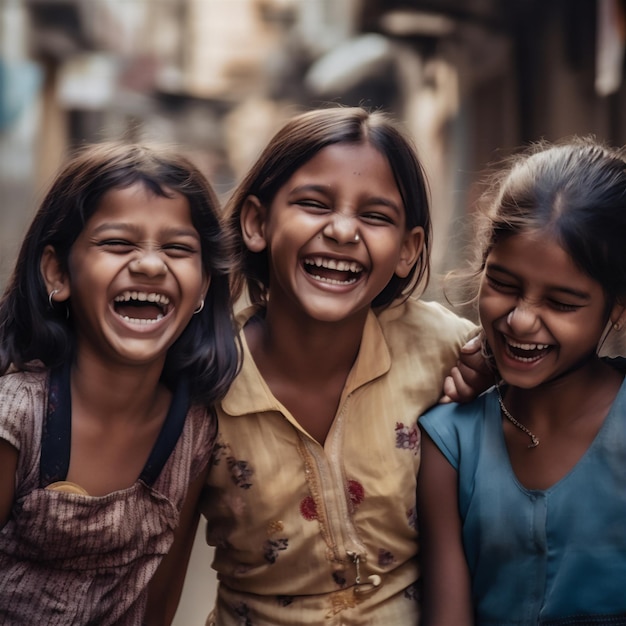 Tres chicas riéndose en una calle.