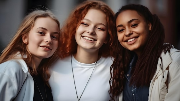 Tres chicas sonriendo y mirando a la cámara.