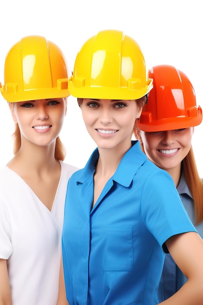 Tres chicas trabajadoras usando chaleco y casco de gafas de protección Filmada en estudio sobre fondo blanco