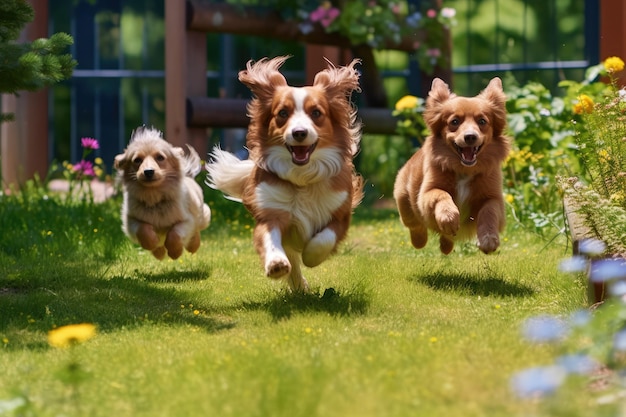 Três Chihuahua correndo no jardim