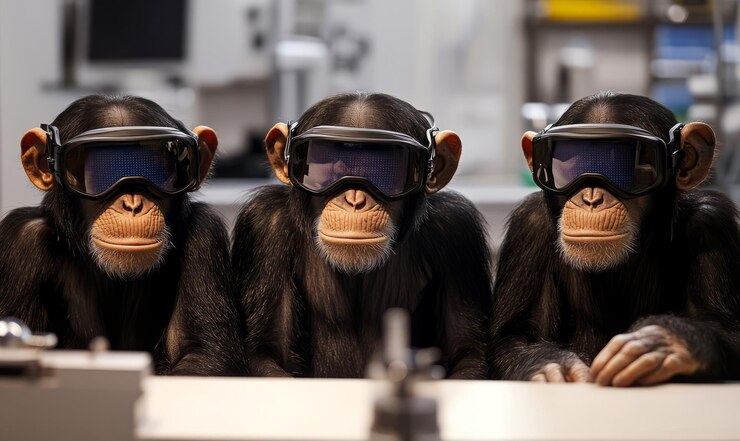Foto tres chimpancés con gafas de alta tecnología se sientan atentamente en un entorno de laboratorio
